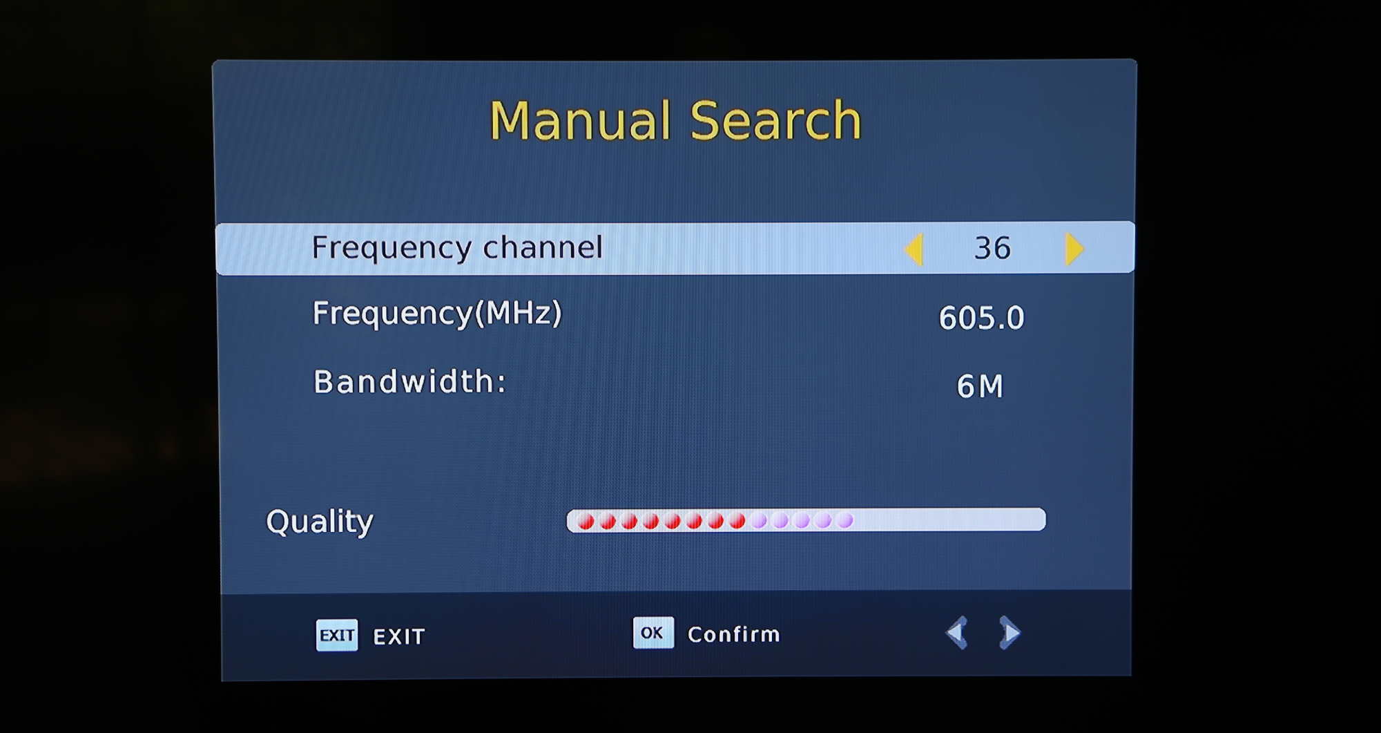 Manual channel search page showing signal strength meter ("Quality") on the Mediasonic HOMEWORX converter box
