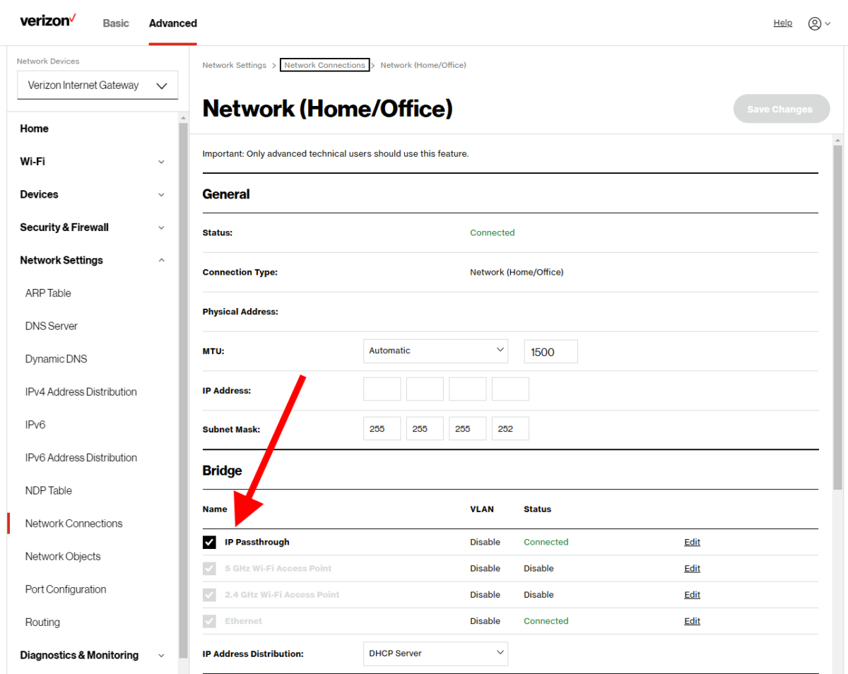 IP Passthrough setting on Verizon gateway