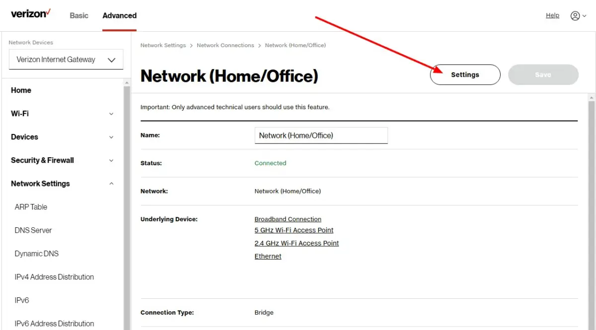 Network settings button in Verizon Gateway control panel