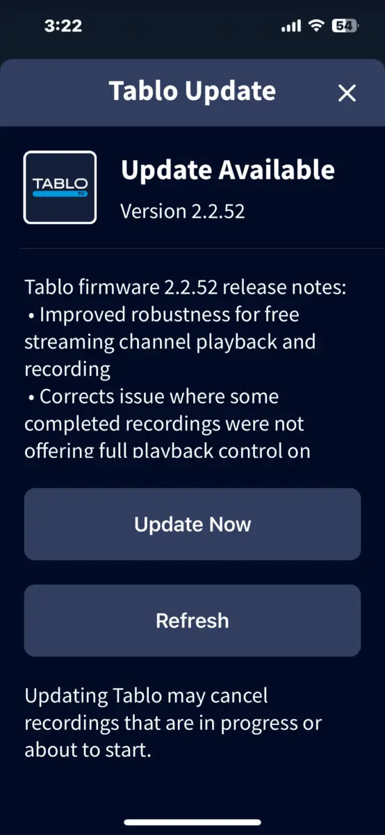 Tablo firmware update on iOS