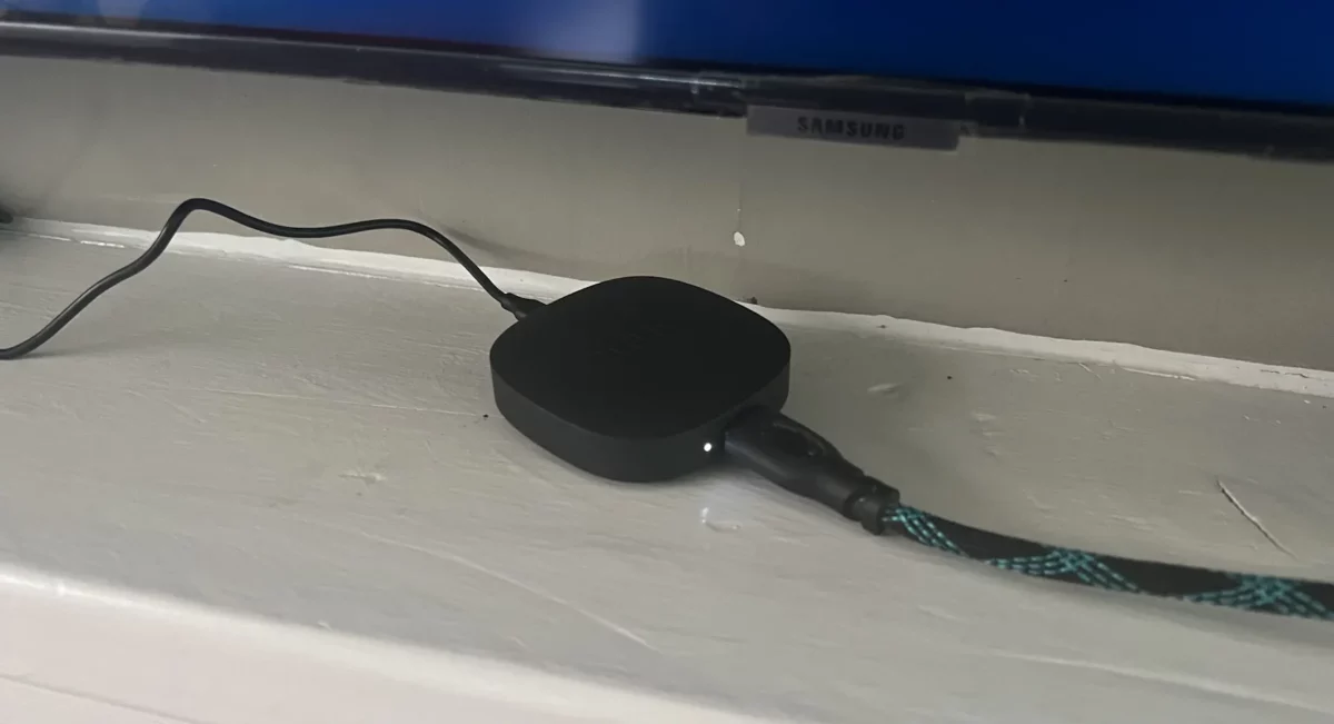 The Onn Google TV Streamer with cables connected